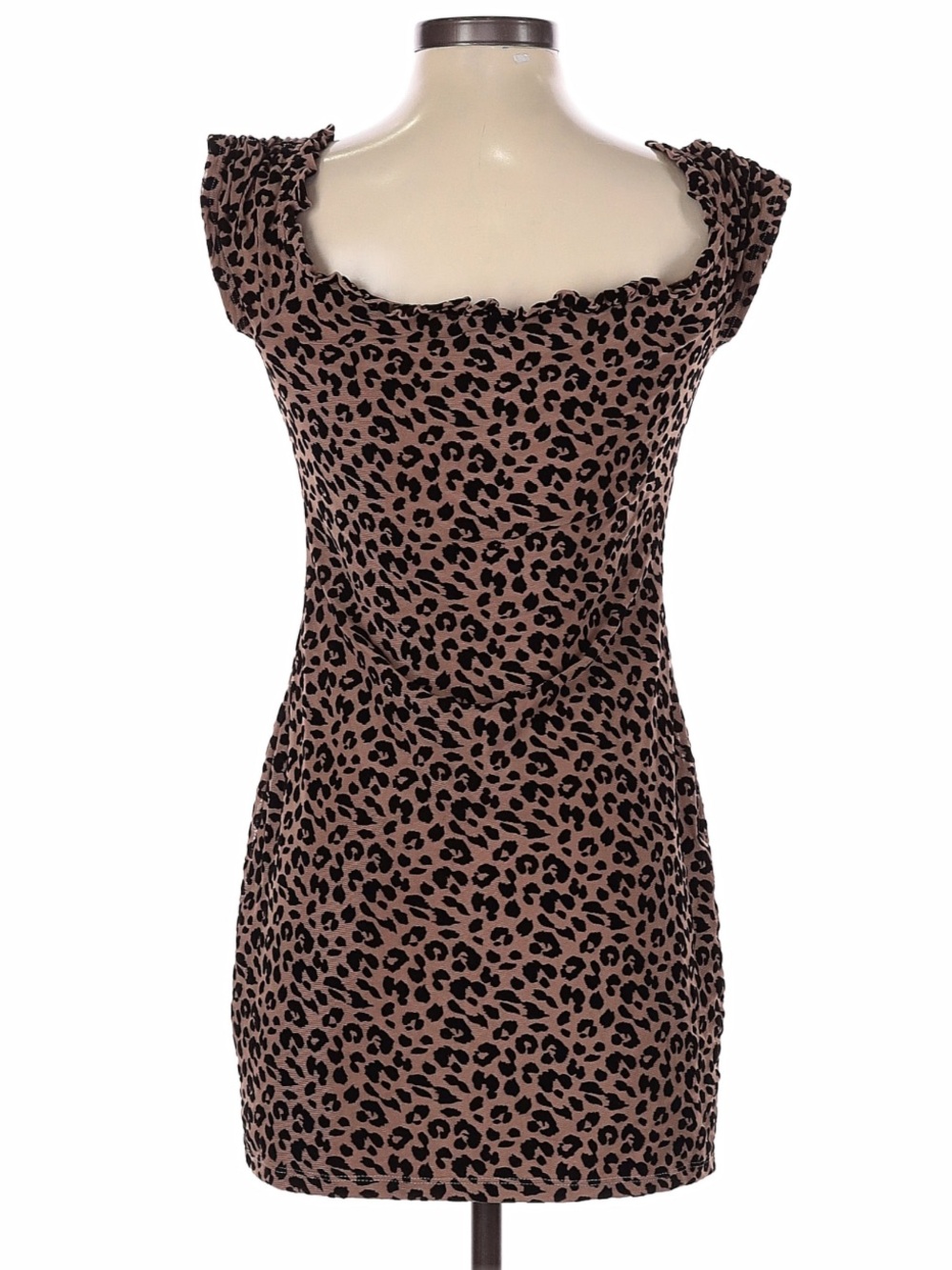 MAJORELLE Leopard-Print Scoop Neck Mini Dress in Brown and Black